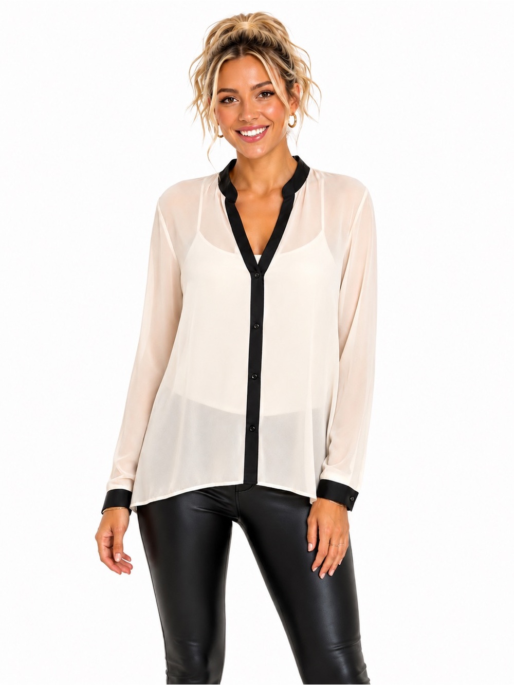 dressbarn Cream Sheer Button-Down Blouse with Black Trim